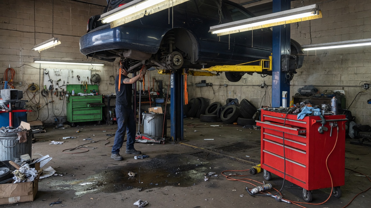 Car on the lift in the Steel River Automotive bay