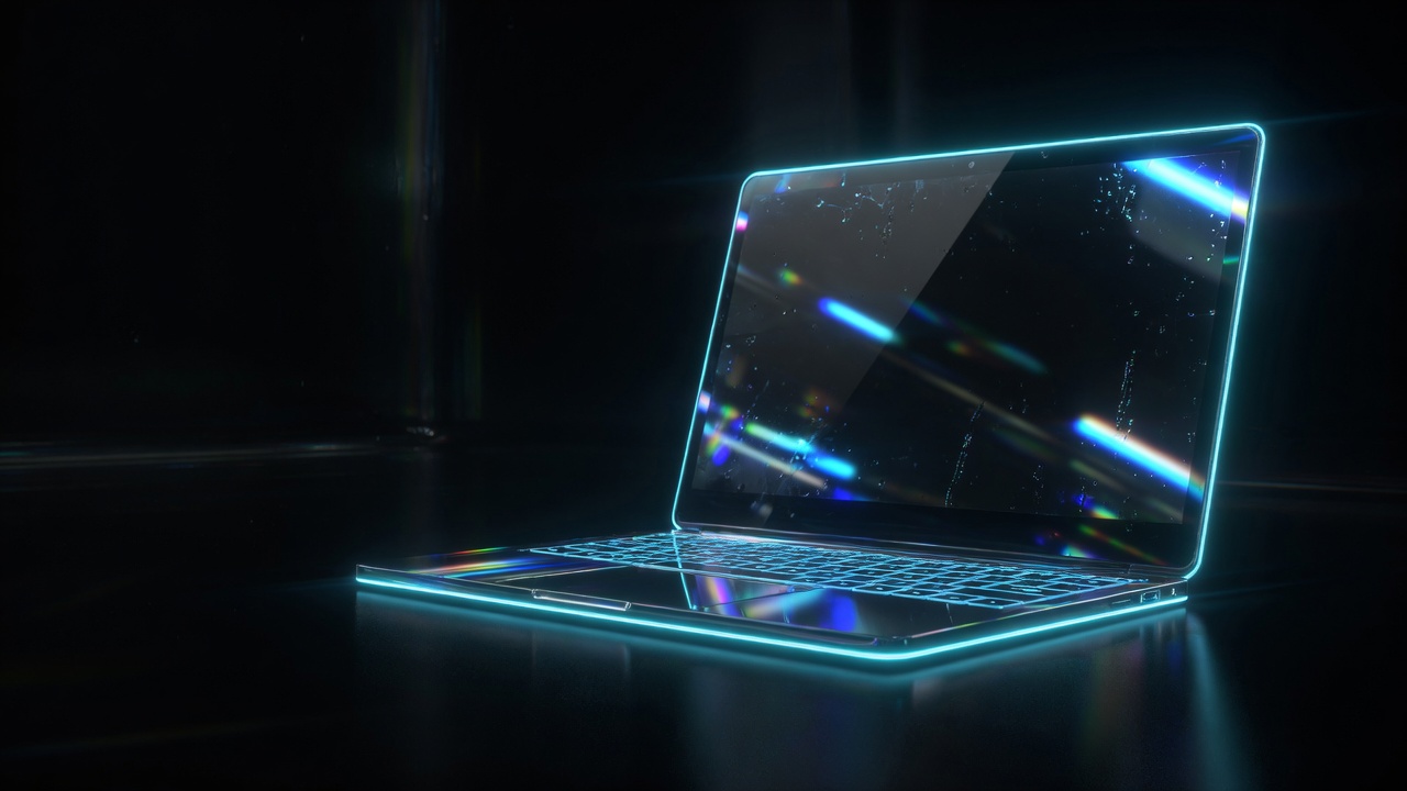 Laptop with cyan neon accent for apps stack